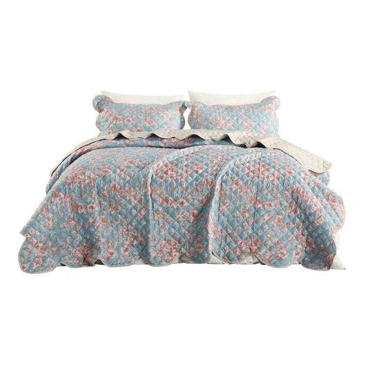 Western Rose Garden Coverlet Bedspread with Scalloped Edge, Floral Vintage Quiltted Bedding Set with Sham