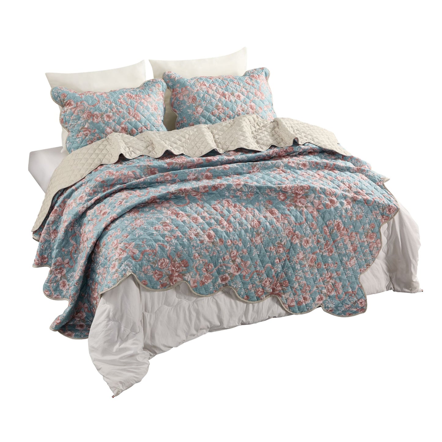 Western Rose Garden Coverlet Bedspread with Scalloped Edge, Floral Vintage Quiltted Bedding Set with Sham