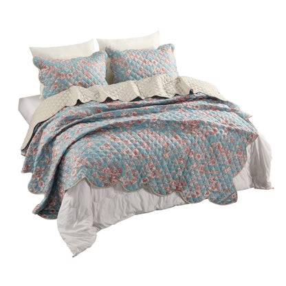 Western Rose Garden Coverlet Bedspread with Scalloped Edge, Floral Vintage Quiltted Bedding Set with Sham