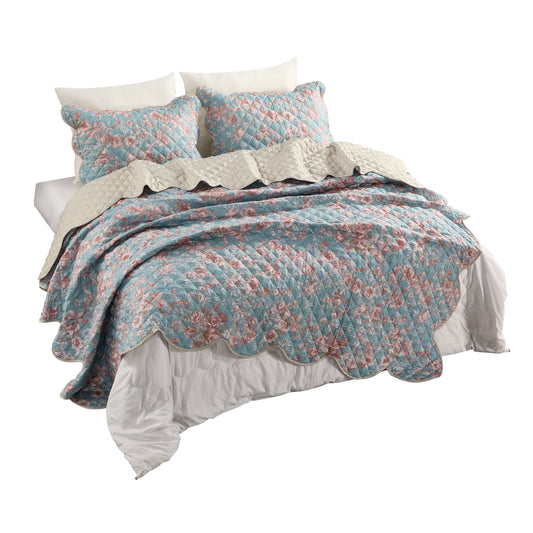 Western Rose Garden Coverlet Bedspread with Scalloped Edge, Floral Vintage Quiltted Bedding Set with Sham