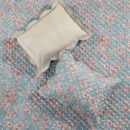 Western Rose Garden Coverlet Bedspread with Scalloped Edge, Floral Vintage Quiltted Bedding Set with Sham