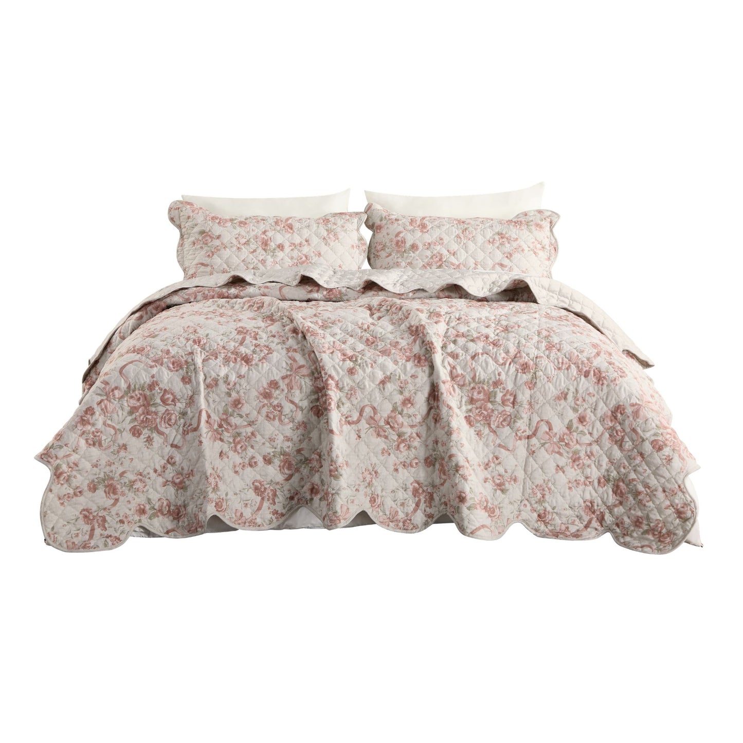 Western Rose Garden Coverlet Bedspread with Scalloped Edge, Floral Vintage Quiltted Bedding Set with Sham
