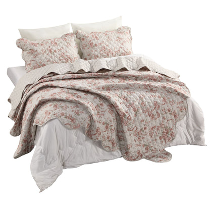 Western Rose Garden Coverlet Bedspread with Scalloped Edge, Floral Vintage Quiltted Bedding Set with Sham