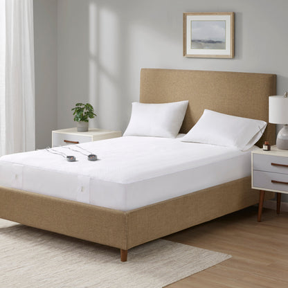 Heated Mattress Pad, Cool to Touch Fabric Electric Mattress Topper with Dual Zone Controllers, 5 Heat Settings & 10-Hour Auto Off Timer, White