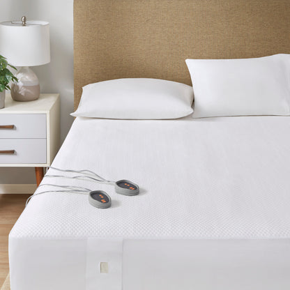 Heated Mattress Pad, Cool to Touch Fabric Electric Mattress Topper with Dual Zone Controllers, 5 Heat Settings & 10-Hour Auto Off Timer, White