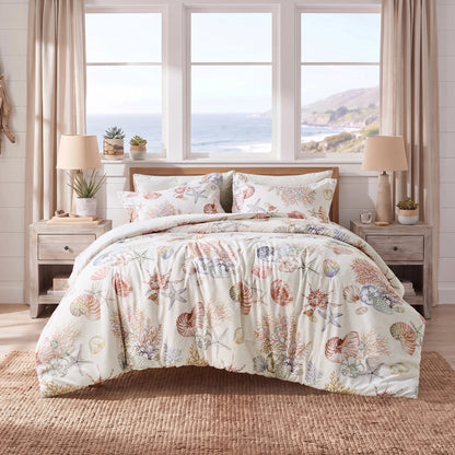 Coastal Comforter Set with Shams, Beach Themed Starfish & Seaweed Printed Comforter