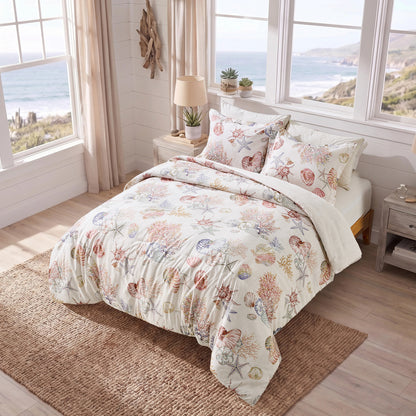 Coastal Comforter Set with Shams, Beach Themed Starfish & Seaweed Printed Comforter