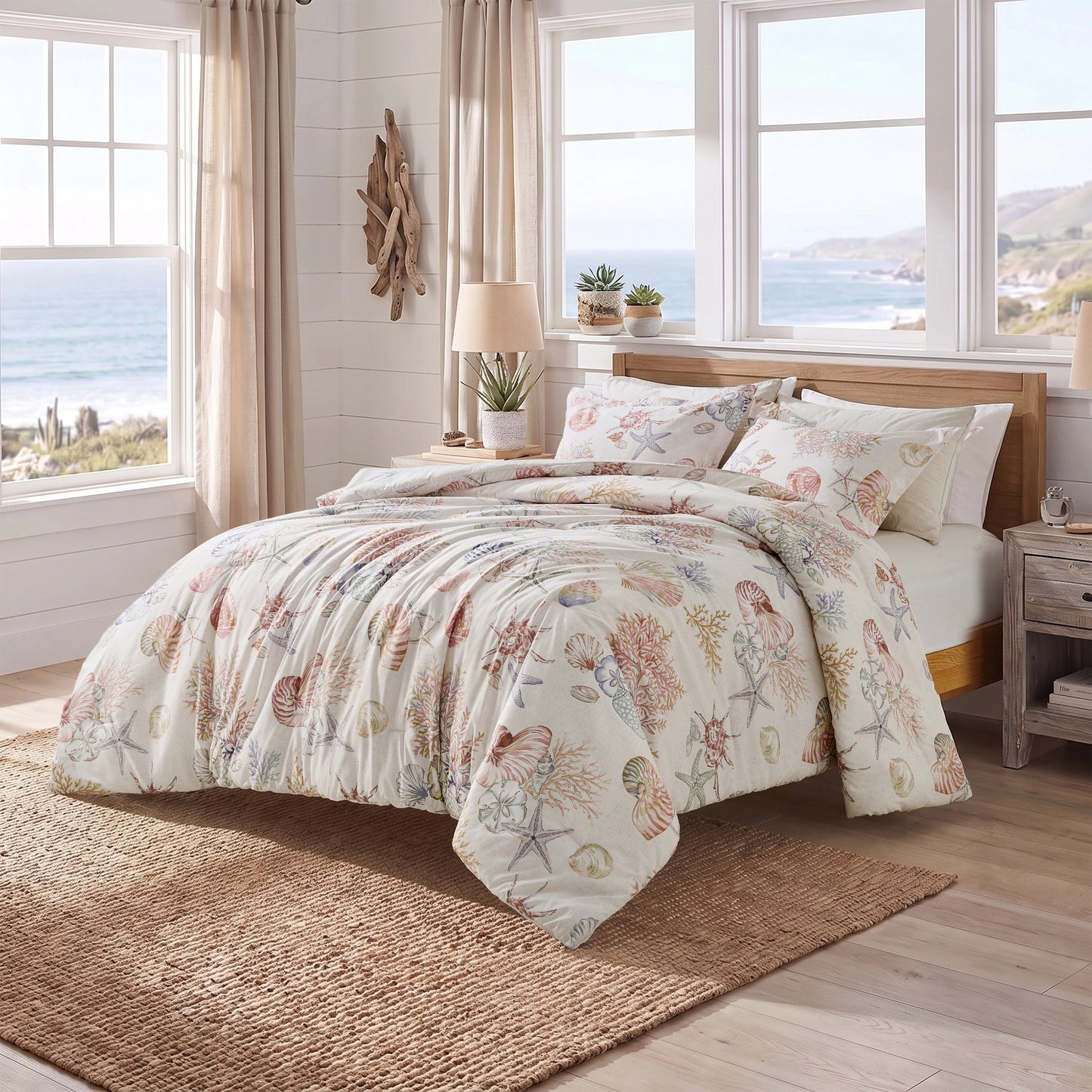 Coastal Comforter Set with Shams, Beach Themed Starfish & Seaweed Printed Comforter