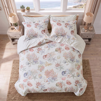 Coastal Comforter Set with Shams, Beach Themed Starfish & Seaweed Printed Comforter