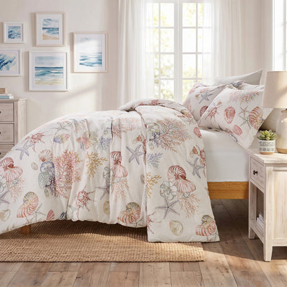 Coastal Comforter Set with Shams, Beach Themed Starfish & Seaweed Printed Comforter