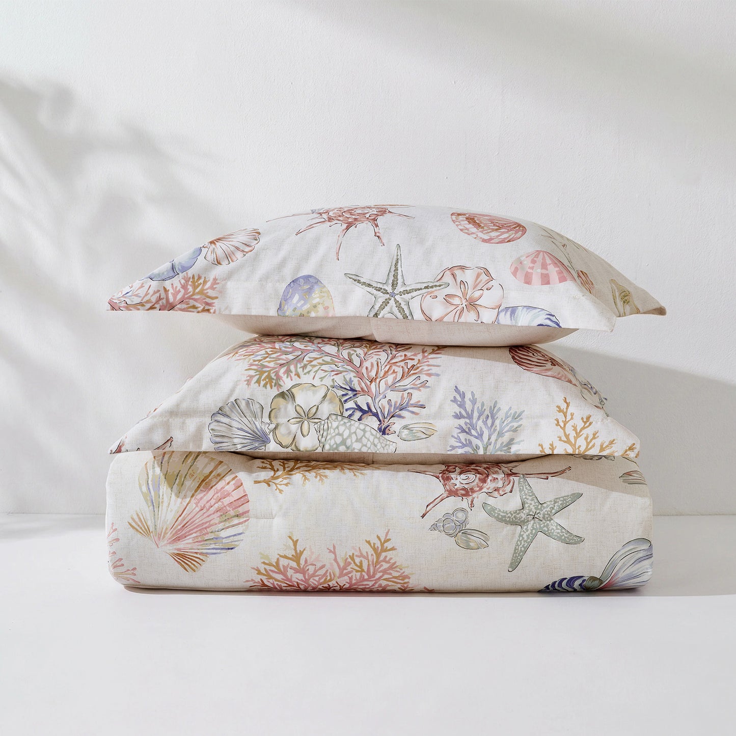 Coastal Comforter Set with Shams, Beach Themed Starfish & Seaweed Printed Comforter