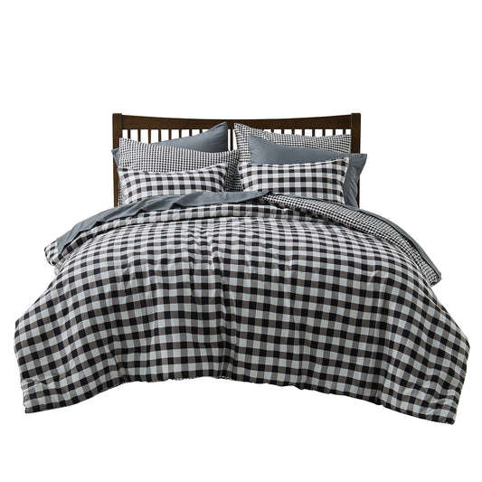 Plaid Ruched Reversible Comforter Set, Bed in a Bag with Comforter, Sheets and Side Pockets
