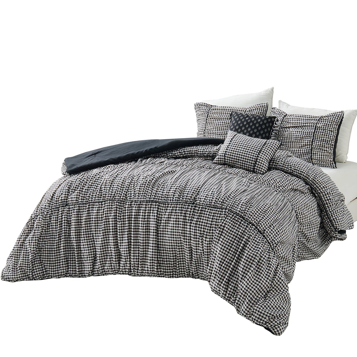 Plaid Ruched All Season Comforter Set with Decorative Pillows