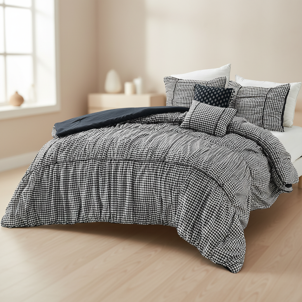 Plaid Ruched All Season Comforter Set with Decorative Pillows