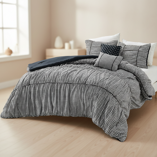 Plaid Ruched All Season Comforter Set with Decorative Pillows