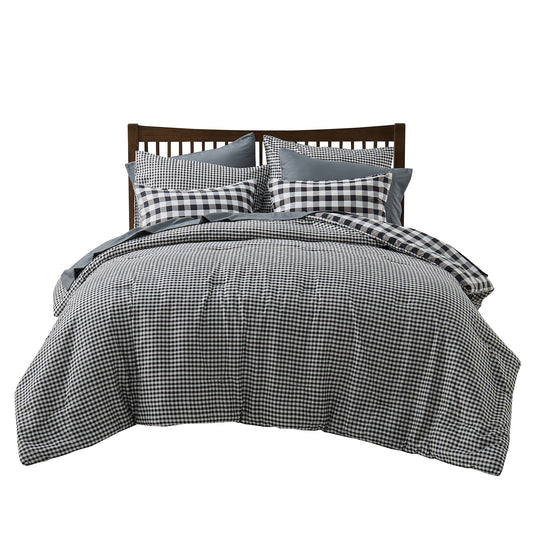 Plaid Ruched Reversible Comforter Set, Bed in a Bag with Comforter, Sheets and Side Pockets