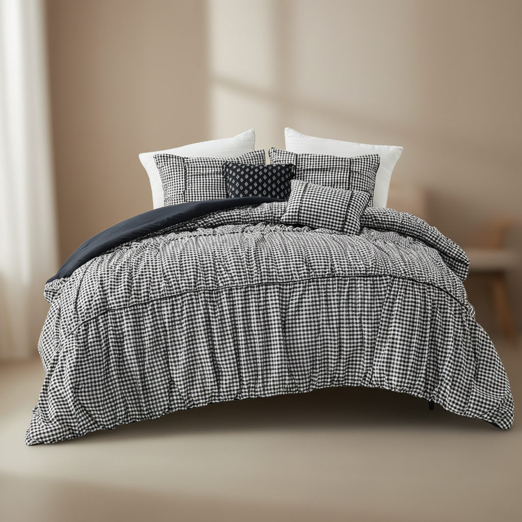Plaid Ruched All Season Comforter Set with Decorative Pillows