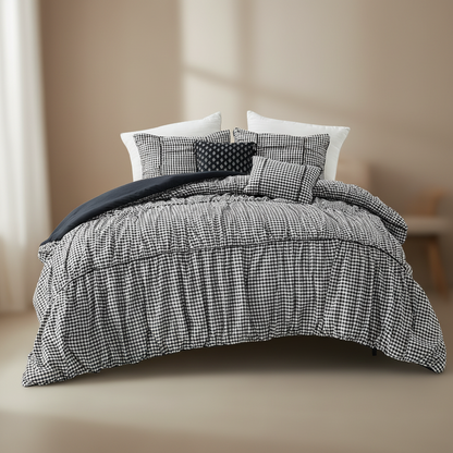 Plaid Ruched All Season Comforter Set with Decorative Pillows