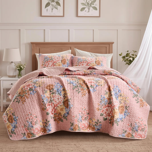 Farmhouse Quilt Set, Vintage Floral Quilt Set with Reversible Beadspread and Shams