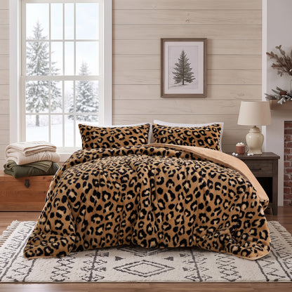 Faux Fur Reversible Bedding Set, Printed Serengeti Fur & Velvet Comforter Set with Comforter & Sham