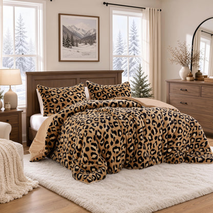 Faux Fur Reversible Bedding Set, Printed Serengeti Fur & Velvet Comforter Set with Comforter & Sham