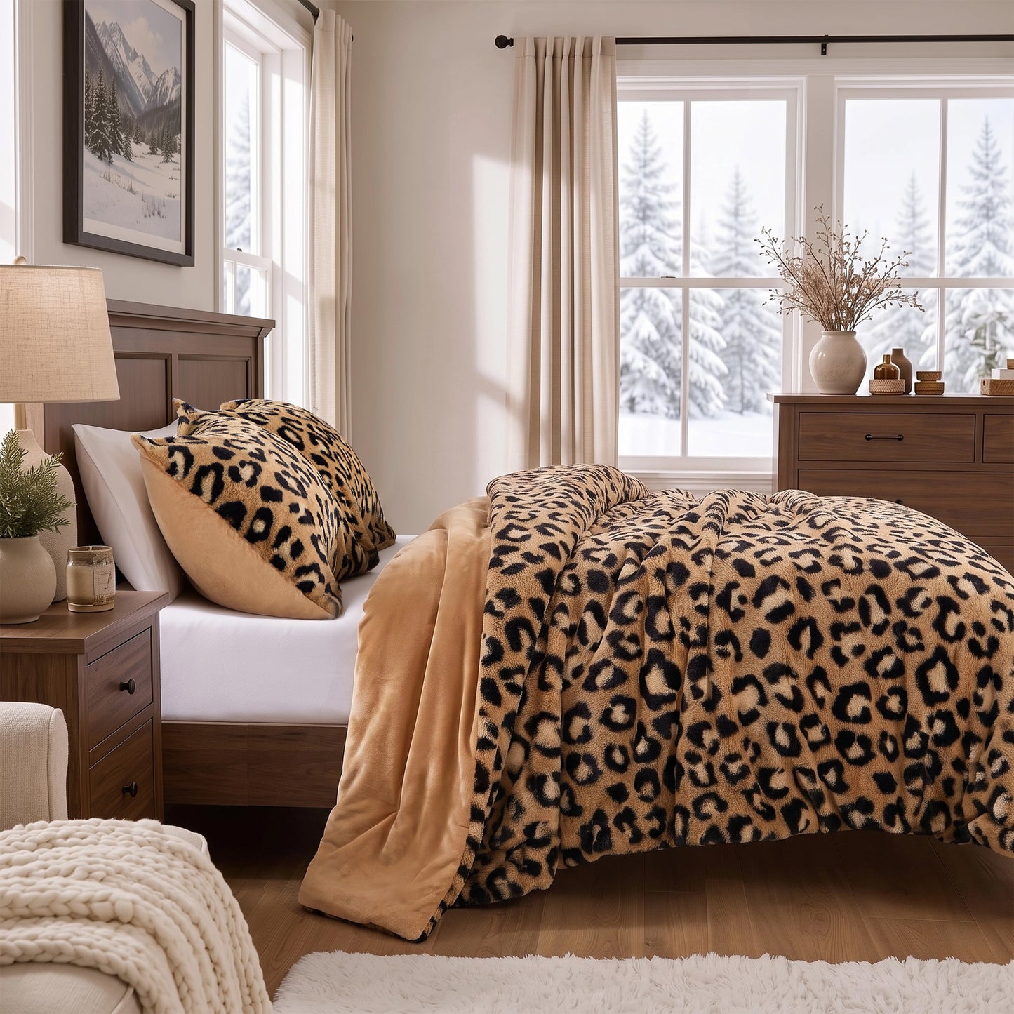 Faux Fur Reversible Bedding Set, Printed Serengeti Fur & Velvet Comforter Set with Comforter & Sham