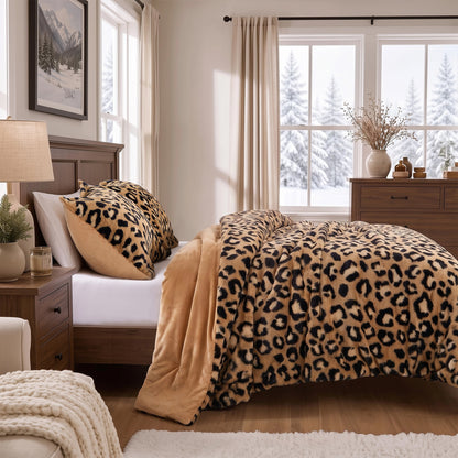 Faux Fur Reversible Bedding Set, Printed Serengeti Fur & Velvet Comforter Set with Comforter & Sham