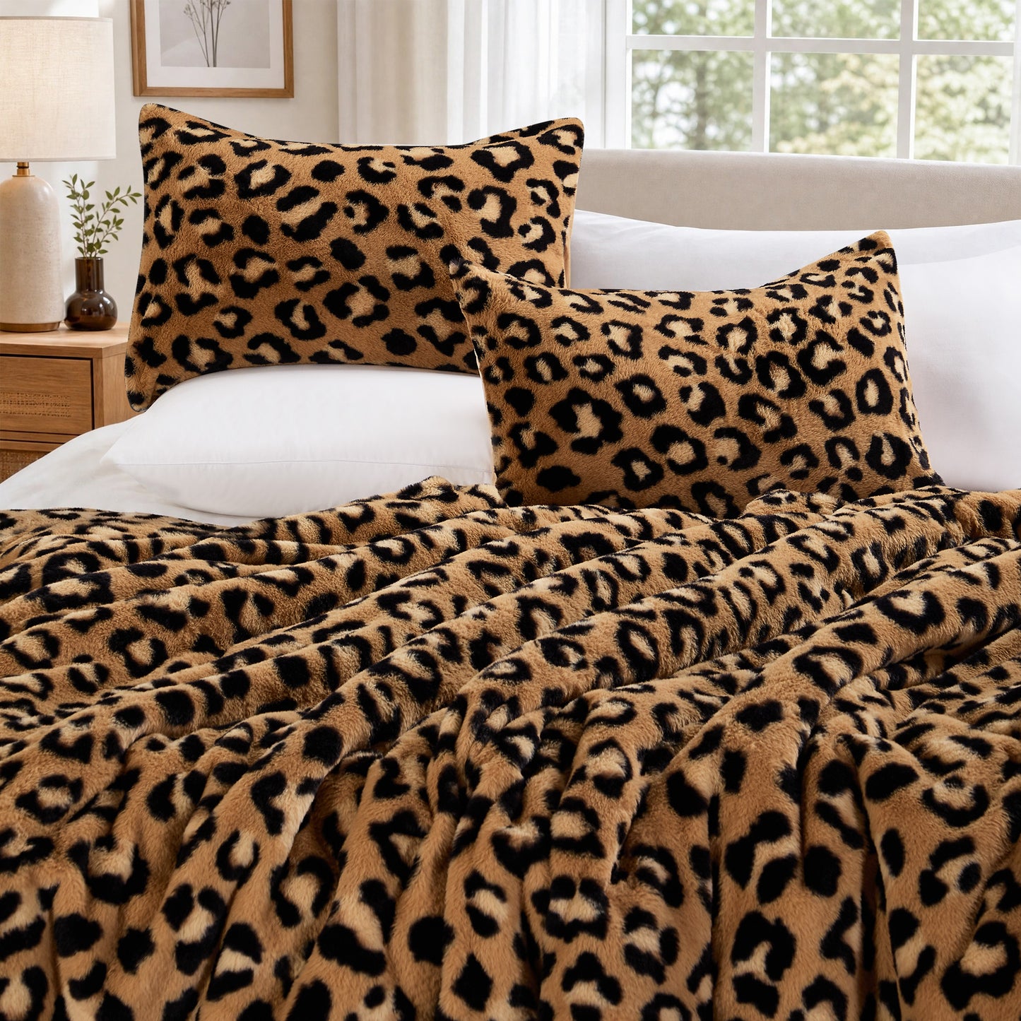 Faux Fur Reversible Bedding Set, Printed Serengeti Fur & Velvet Comforter Set with Comforter & Sham
