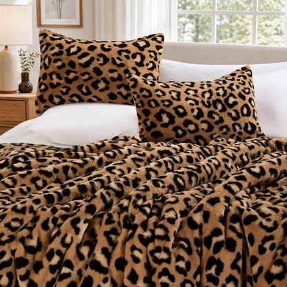 Faux Fur Reversible Bedding Set, Printed Serengeti Fur & Velvet Comforter Set with Comforter & Sham