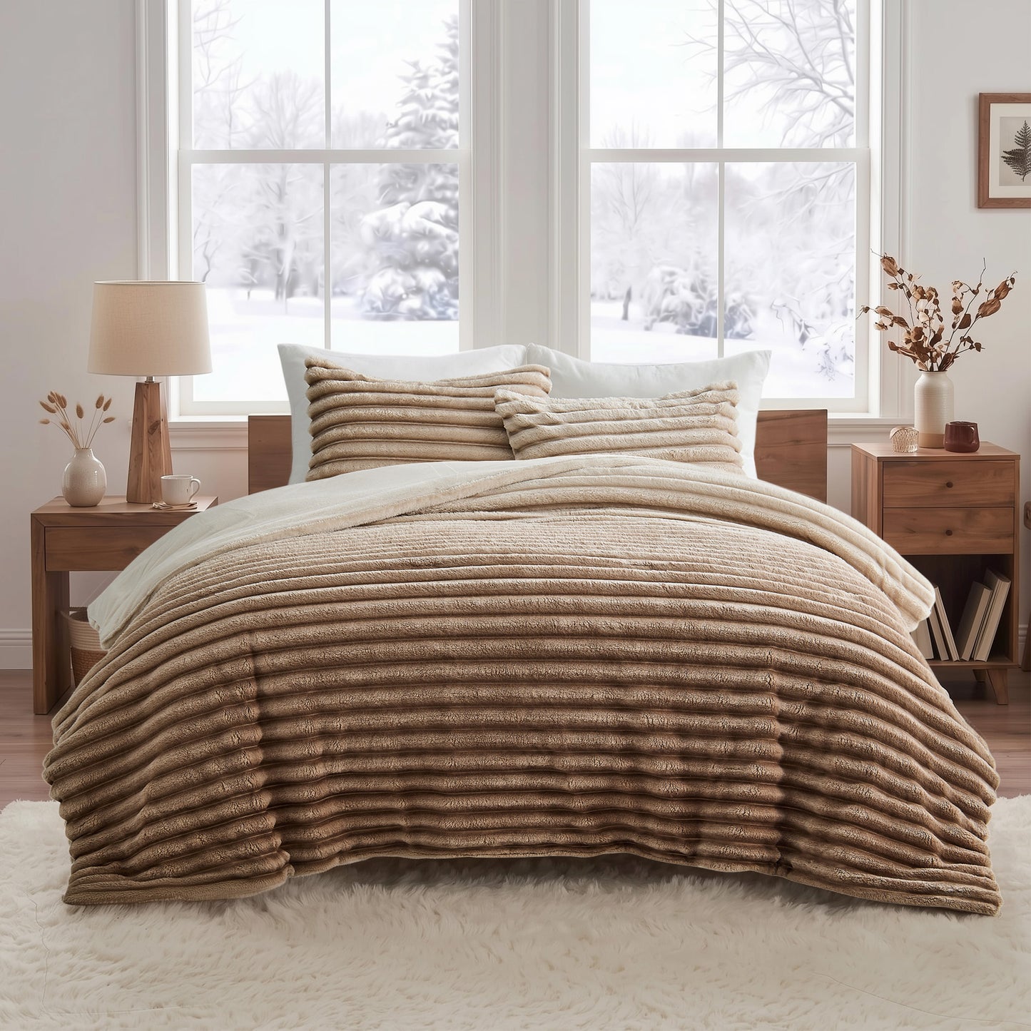 Fluffy Ribbed Plush Comforter Set, Cuddly Bedding Set with Comforter and Shams