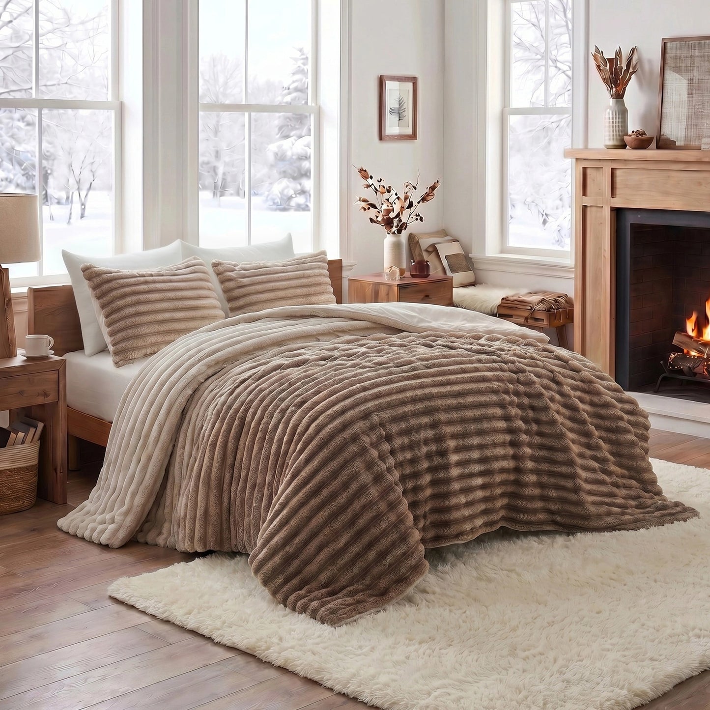 Fluffy Ribbed Plush Comforter Set, Cuddly Bedding Set with Comforter and Shams