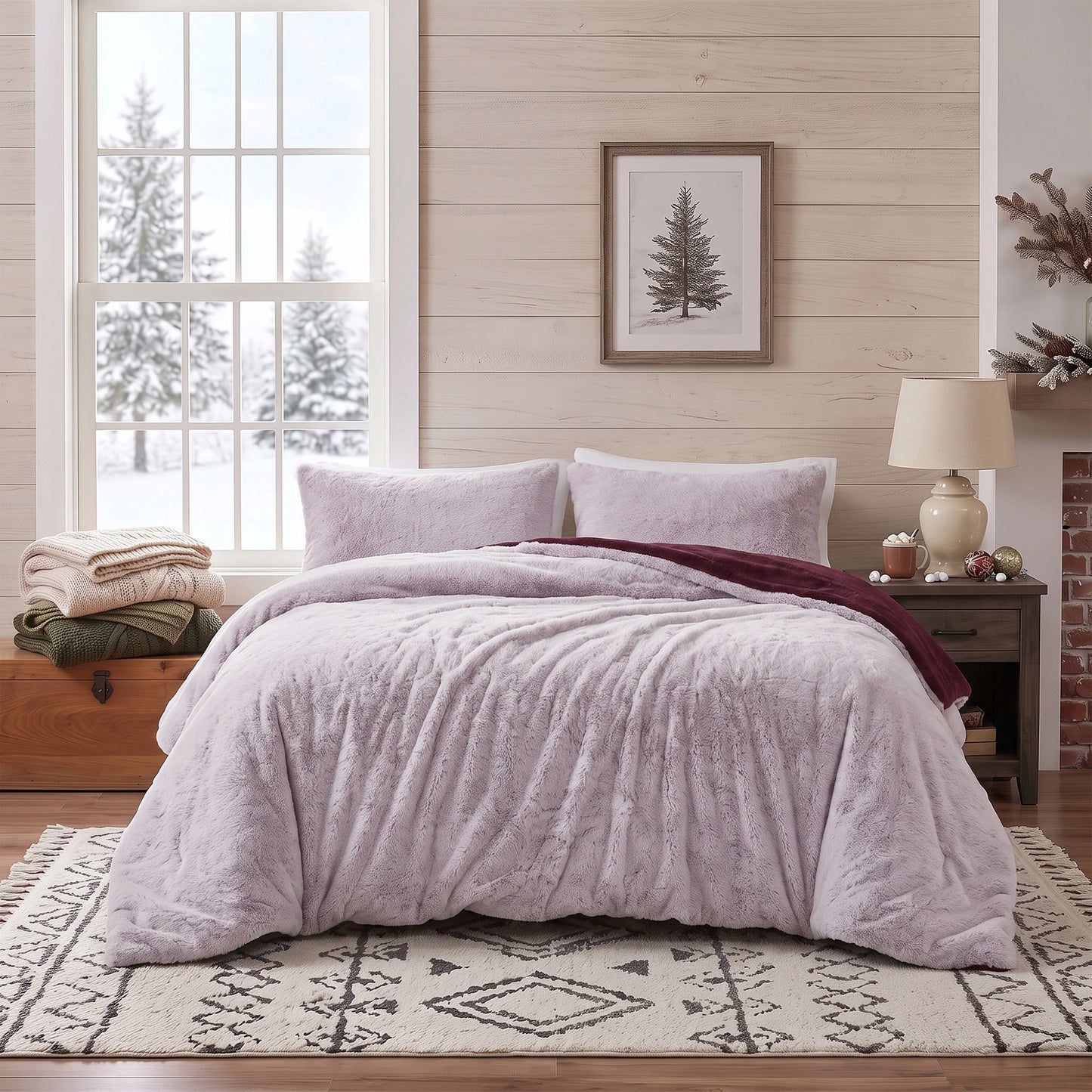 Faux Fur Reversible Bedding Set, Printed Serengeti Fur & Velvet Comforter Set with Comforter & Sham