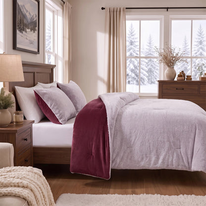 Faux Fur Reversible Bedding Set, Printed Serengeti Fur & Velvet Comforter Set with Comforter & Sham