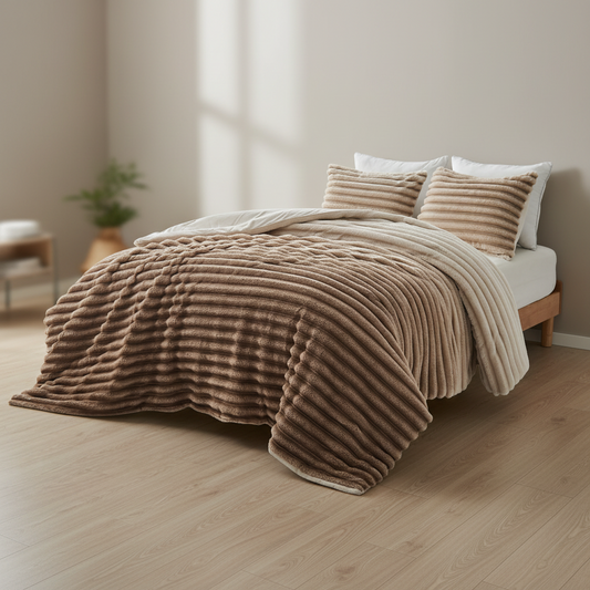 Fluffy Ribbed Plush Comforter Set, Cuddly Bedding Set with Comforter and Shams