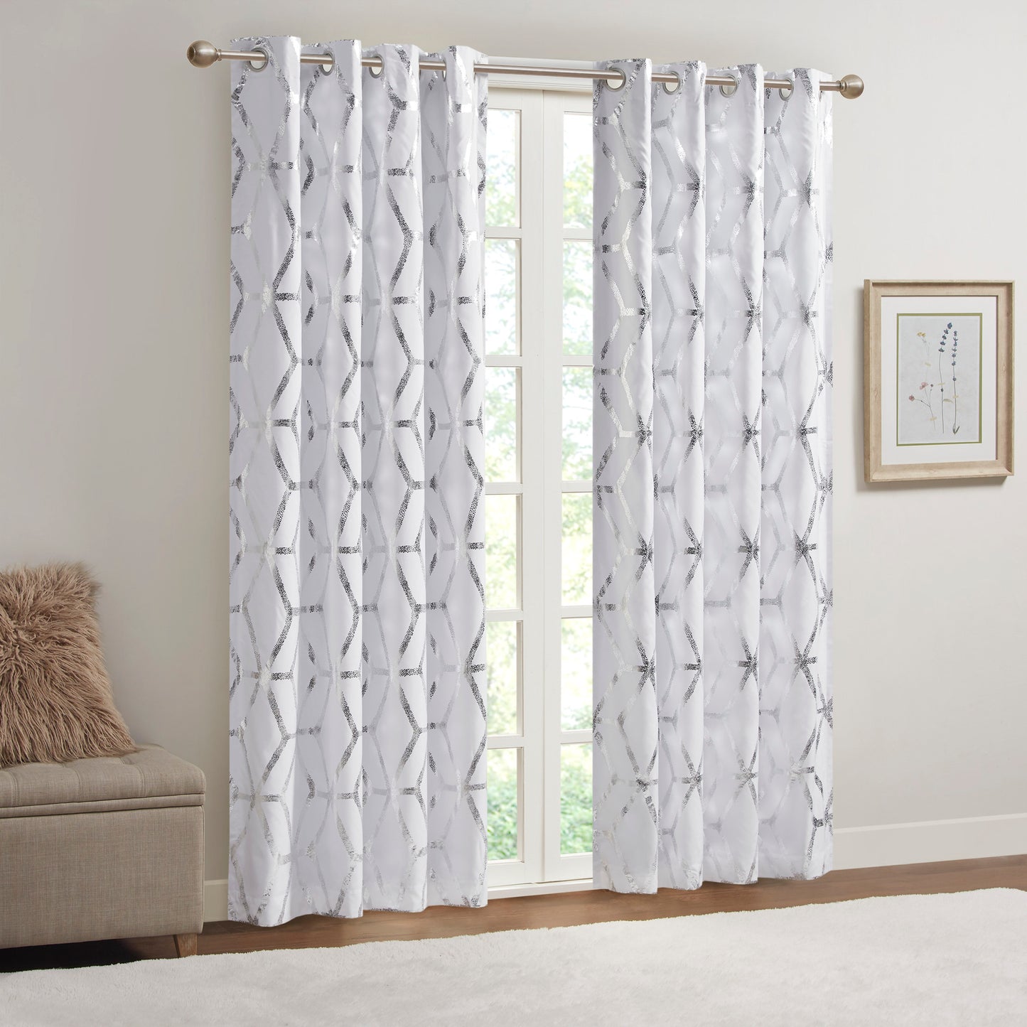 2-Piece  Total Blackout Curtains Window Panel  White/Silver Geometric Metallic Printed