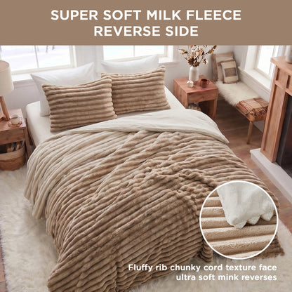 Fluffy Ribbed Plush Comforter Set, Cuddly Bedding Set with Comforter and Shams