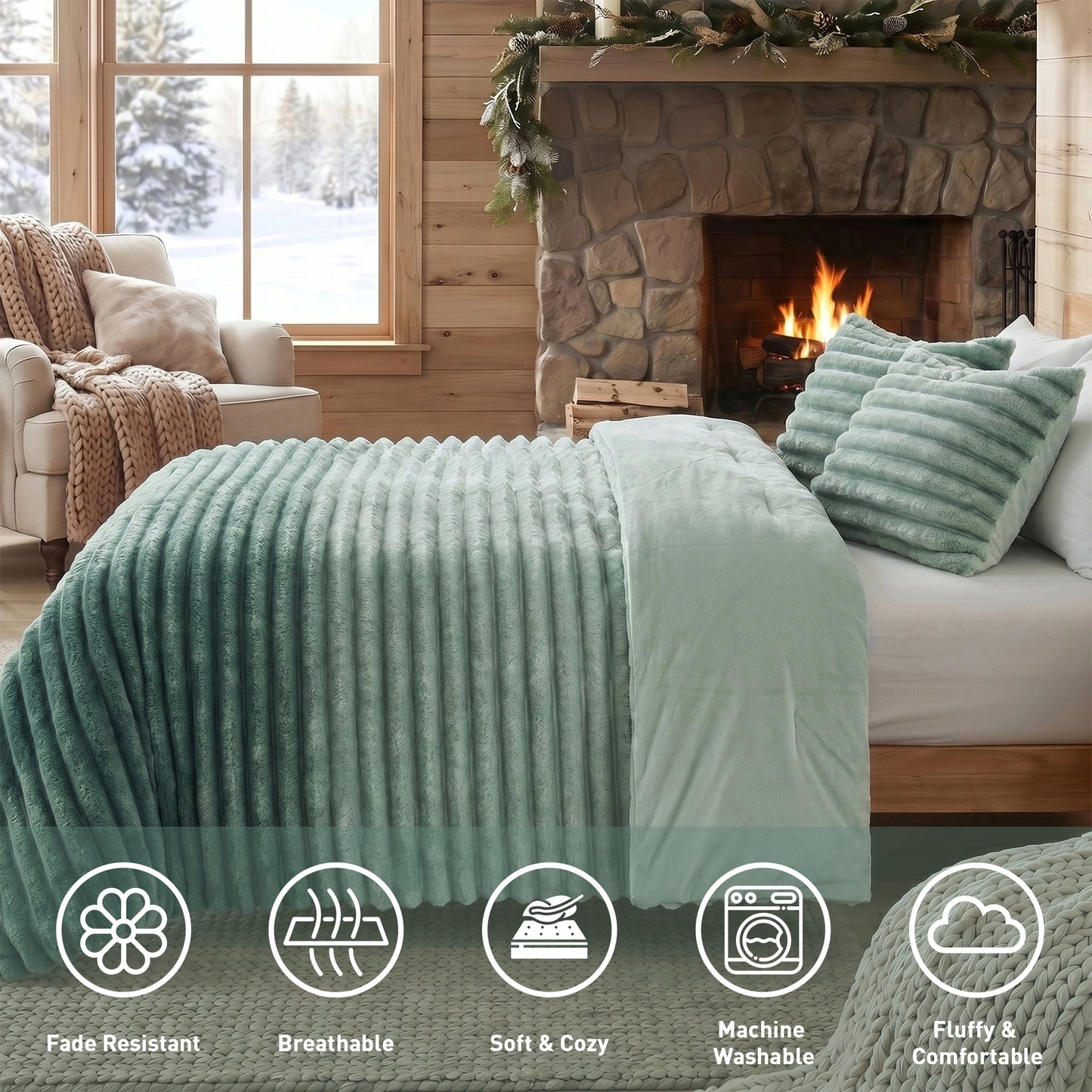 Fluffy Ribbed Plush Comforter Set, Cuddly Bedding Set with Comforter and Shams