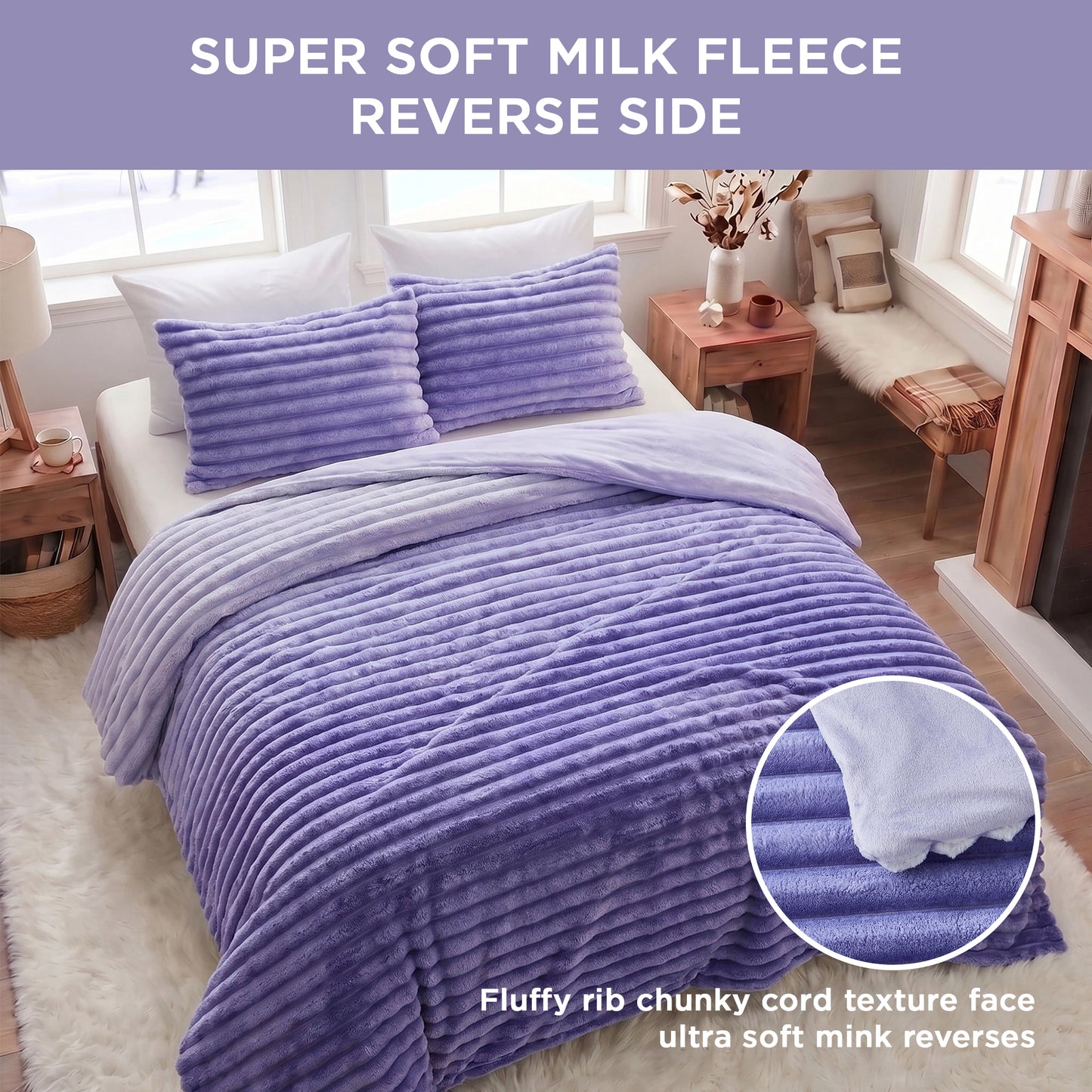Fluffy Ribbed Plush Comforter Set, Cuddly Bedding Set with Comforter and Shams