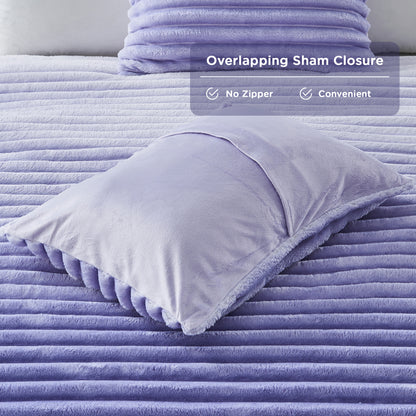 Fluffy Ribbed Plush Comforter Set, Cuddly Bedding Set with Comforter and Shams