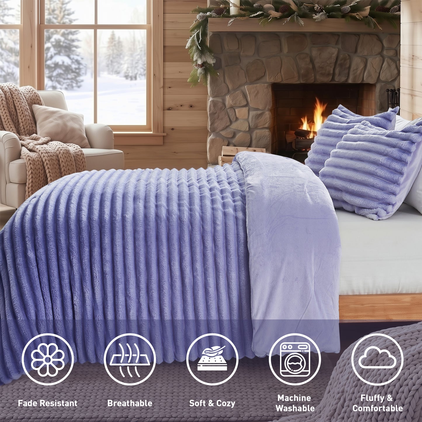 Fluffy Ribbed Plush Comforter Set, Cuddly Bedding Set with Comforter and Shams