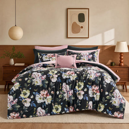 Black Floral Velvet Bed-in-a-Bag, 10-Piece Reversible Bedding Set, Comforter with Sheet Set