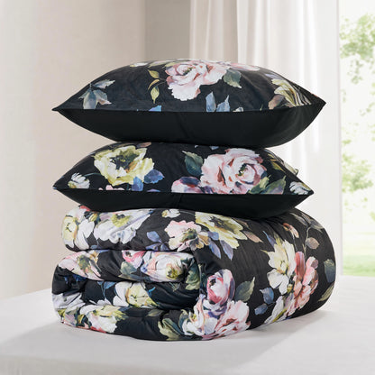 Floral Print Velvet Comforter Set, Black Reversible Bedding Set, Comforter with Sham