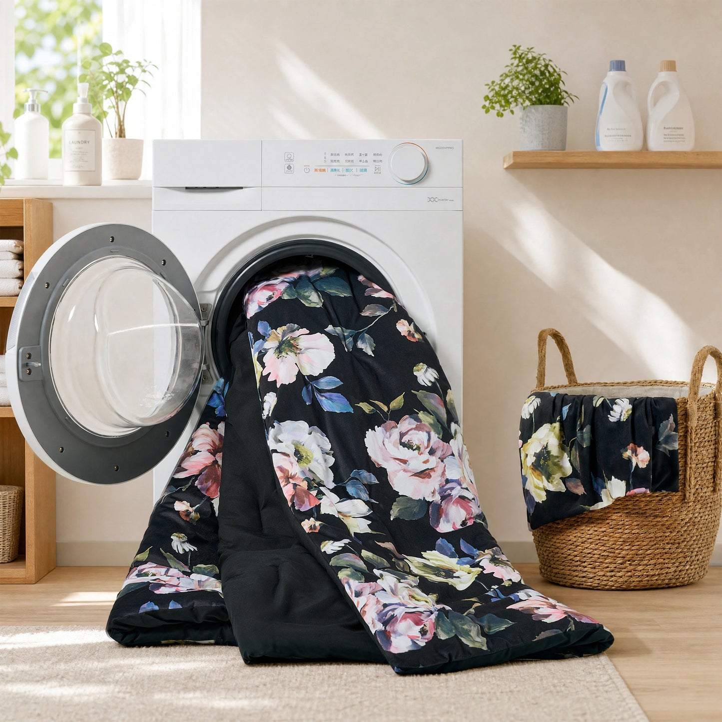 Floral Print Velvet Comforter Set, Black Reversible Bedding Set, Comforter with Sham
