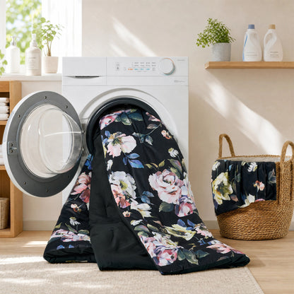 Floral Print Velvet Comforter Set, Black Reversible Bedding Set, Comforter with Sham