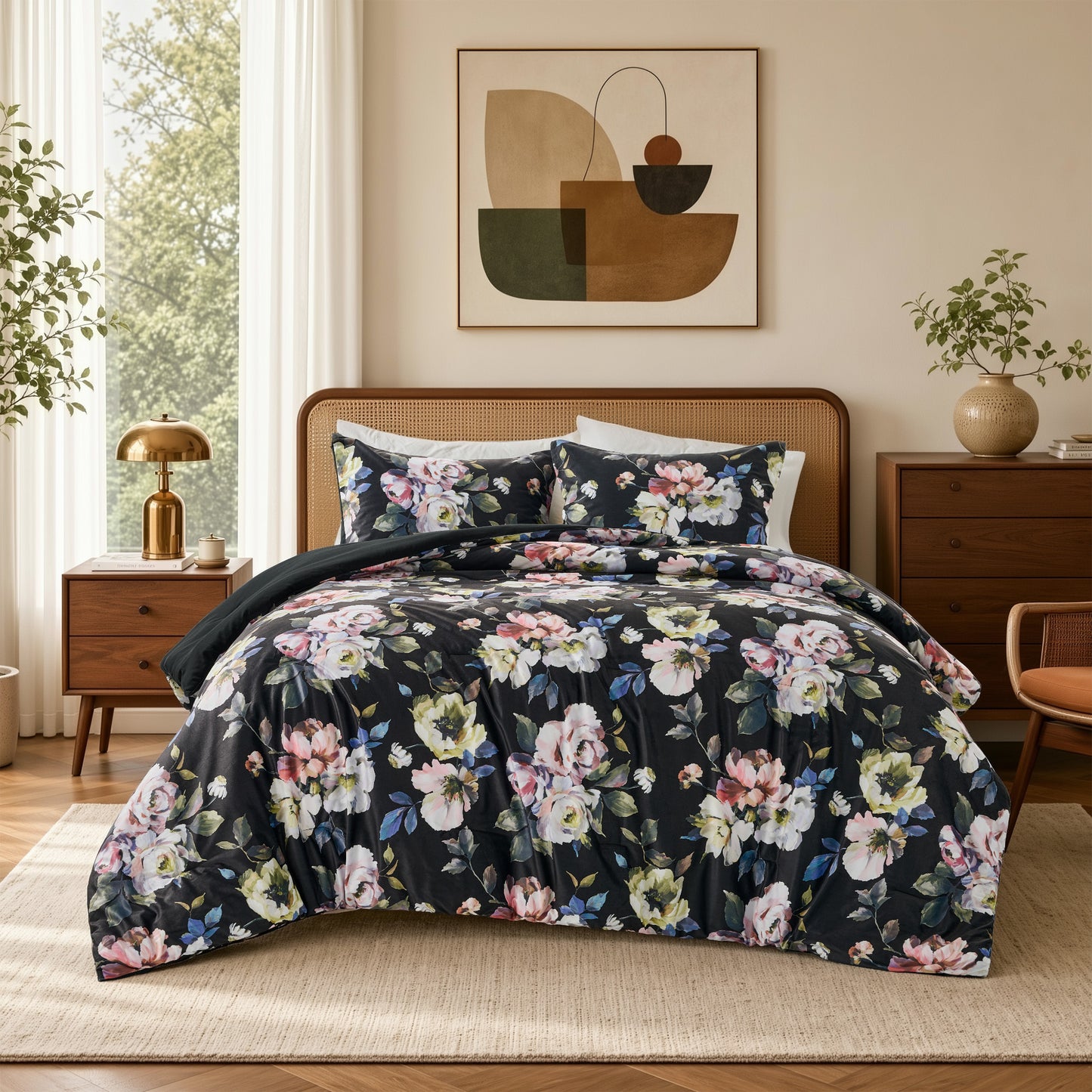 Floral Print Velvet Comforter Set, Black Reversible Bedding Set, Comforter with Sham