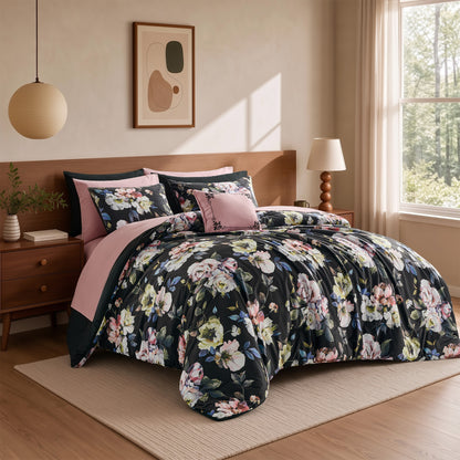 Black Floral Velvet Bed-in-a-Bag, 10-Piece Reversible Bedding Set, Comforter with Sheet Set