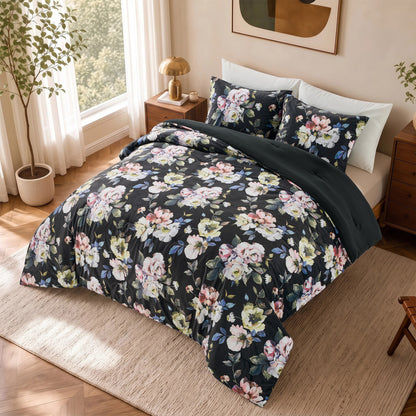 Floral Print Velvet Comforter Set, Black Reversible Bedding Set, Comforter with Sham