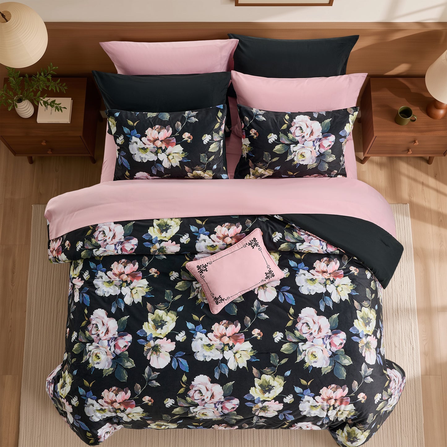 Black Floral Velvet Bed-in-a-Bag, 10-Piece Reversible Bedding Set, Comforter with Sheet Set