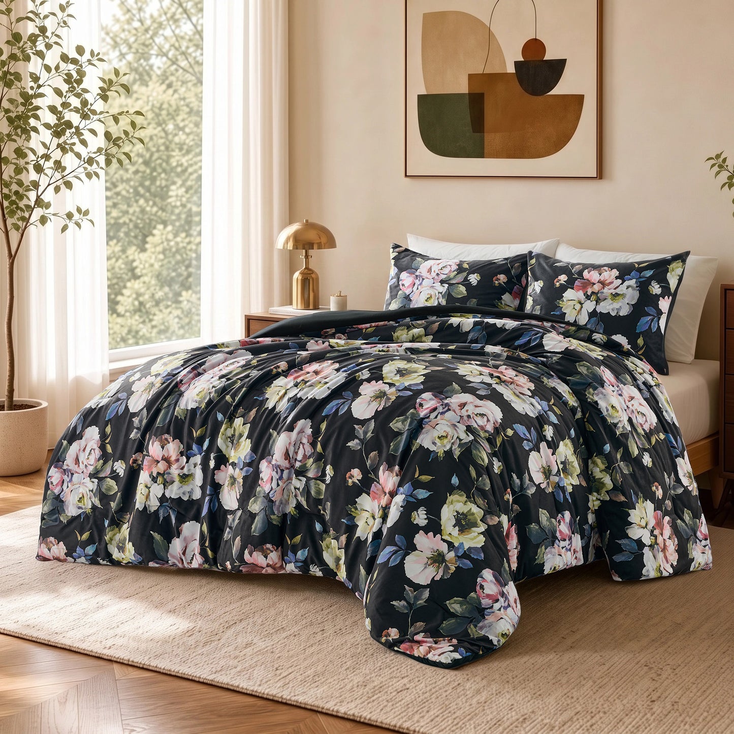 Floral Print Velvet Comforter Set, Black Reversible Bedding Set, Comforter with Sham