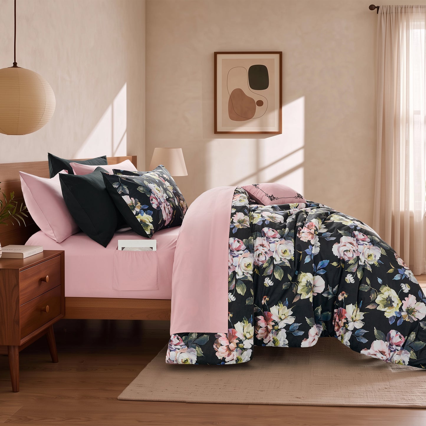 Black Floral Velvet Bed-in-a-Bag, 10-Piece Reversible Bedding Set, Comforter with Sheet Set